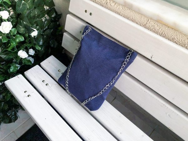 General view of blue cotton bag on the bench