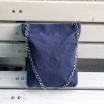 Front of blue cotton bag on the bench