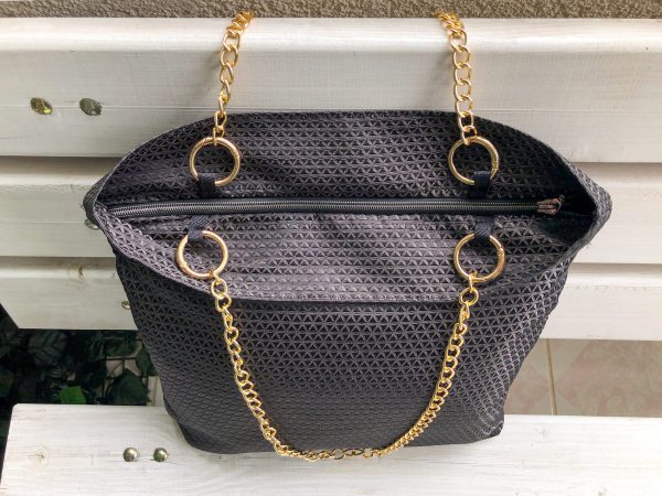 Top of the black triangle textured bag