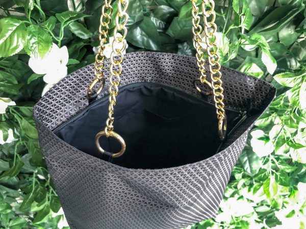 Top of black triangle textured bag